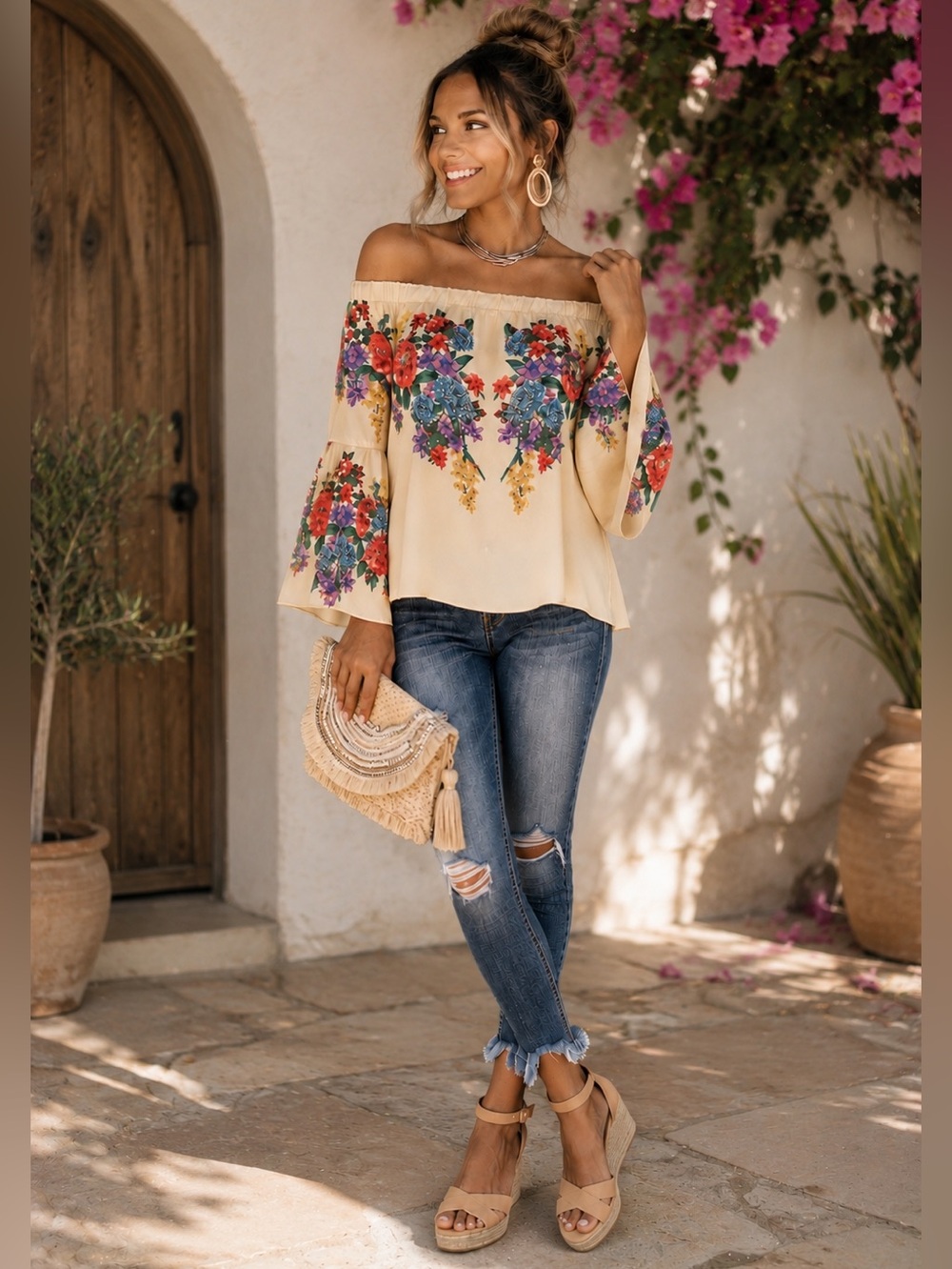 NWT Impressions Floral Off Shoulder Cottagecore Romantic Top Bell Sleeve Sz M